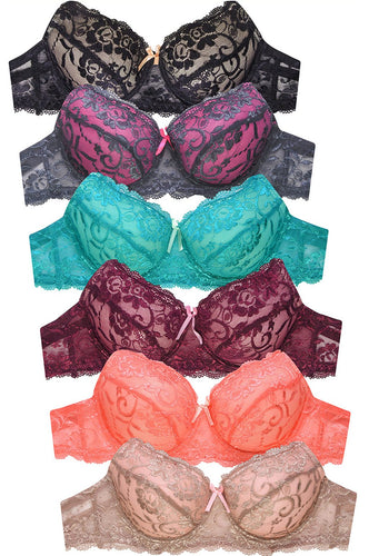 PACK OF 6 SOFRA WOMEN'S PLUS DDD FULL CUP ALLOVER LACE BRA (BR4161L3D4)