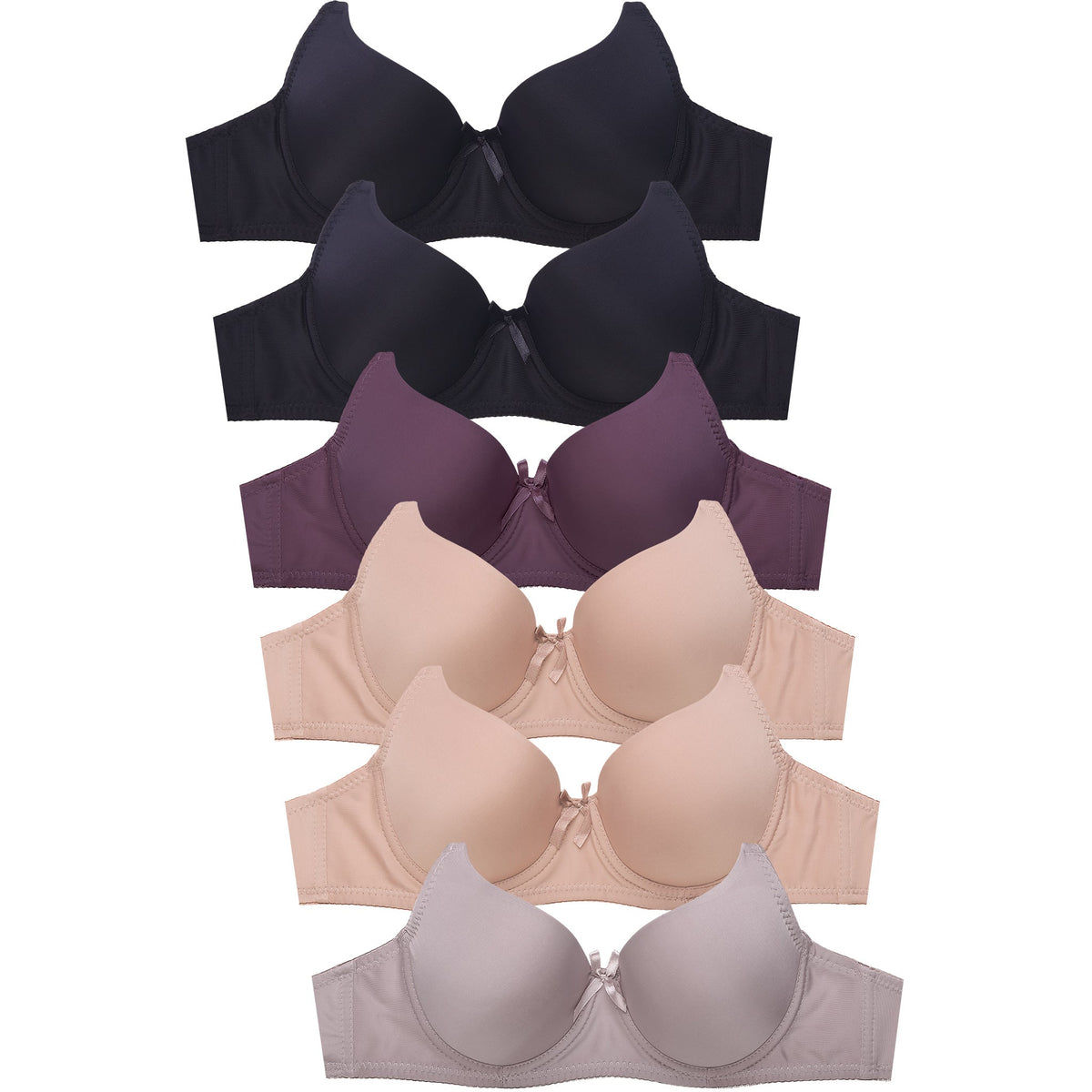 PACK OF 6 SOFRA WOMEN'S FULL COVERAGE TRIPLE HOOK COTTON BLEND SOLID T  SHIRT BRA (BR4271P3)