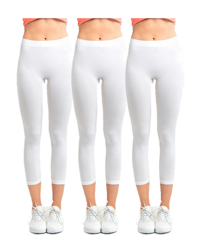 PACK OF 3 MOPAS Soft Stretch Nylon Blend Unlined Capri Length Leggings with Ribbed Elastic Waistband - ALL White (EX004_3PK4)