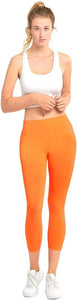 MOPAS Soft Stretch Nylon Blend Unlined Capri Length Leggings with Ribbed Elastic Waistband - Neon Orange (EX004_NOR)