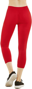 MOPAS Soft Stretch Nylon Blend Unlined Capri Length Leggings with Ribbed Elastic Waistband - Red (EX004_RED)