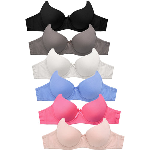 PACK OF 6 MAMIA WOMEN'S FULL COVERAGE SOLID COTTON BLEND TRIPLE HOOK  T SHIRT BRA (BR4307P6)