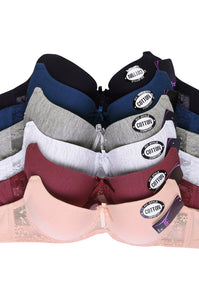 PACK OF 6 SOFRA WOMEN'S FULL COVERAGE SOLID COTTON BLEND T SHIRT BRA (BR4326P)