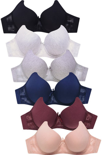 PACK OF 6 SOFRA WOMEN'S FULL COVERAGE SOLID COTTON BLEND T SHIRT BRA (BR4326P)