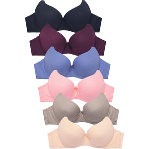 PACK OF 6 SOFRA WOMEN'S FULL CUP COTTON BLEND SOLID PUSH UP T SHIRT BRA (BR4418PU)