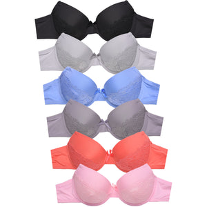 PACK OF 6 MAMIA WOMEN'S FULL CUP FLORAL LACE TRIM BRA (BR4424PL)