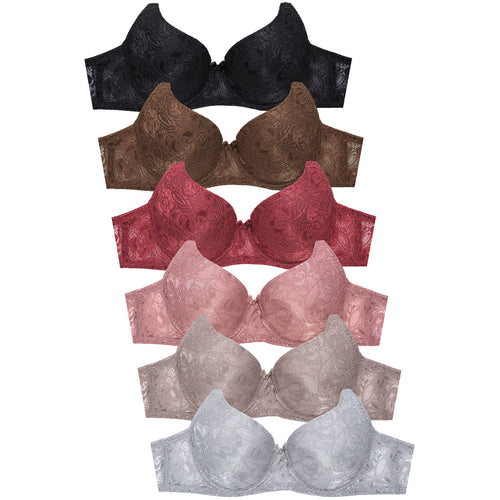 PACK OF 6 MAMIA WOMEN'S MISSY & PLUS FULL CUP ALLOVER FLORAL LACE BRA (BR4441L)