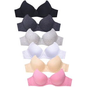 PACK OF 6 SOFRA WOMEN'S FULL COVERAGE COTTON BLEND SOLID T SHIRT BRA (BR4450P)