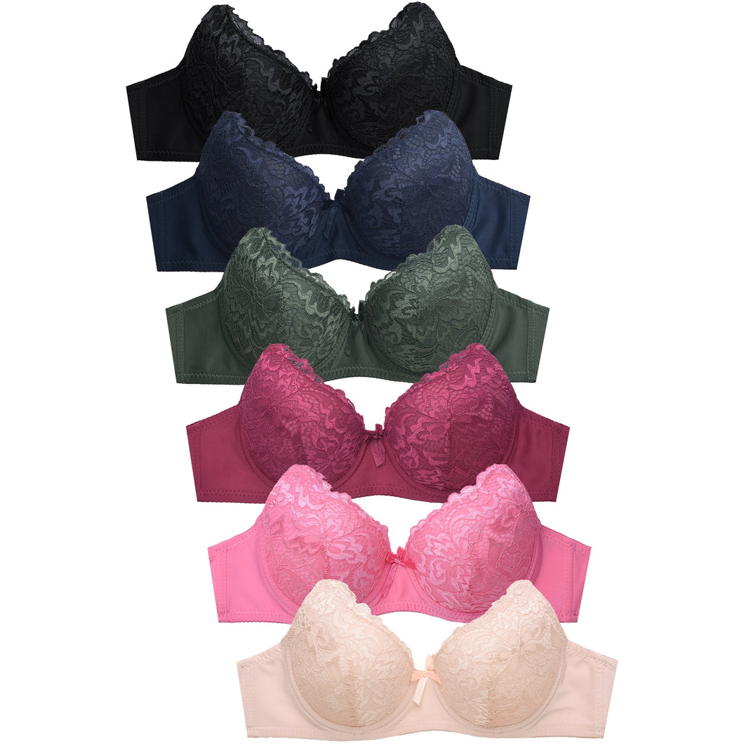 PACK OF 6 SOFRA WOMEN'S FULL CUP ALLOVER FLORAL LACE BRA (BR4452L)