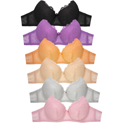 PACK OF 6 SOFRA WOMEN'S FULL CUP ALLOVER FLORAL LACE BRA (BR4523L)