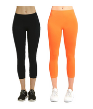 Load image into Gallery viewer, PACK OF 2 MOPAS Soft Stretch Nylon Blend Unlined Capri Length Leggings with Ribbed Elastic Waistband - Black &amp; Neon Orange (EX004_2PK7)