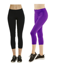 Load image into Gallery viewer, PACK OF 2 MOPAS Soft Stretch Nylon Blend Unlined Capri Length Leggings with Ribbed Elastic Waistband - Black &amp; Purple (EX004_2PK8)