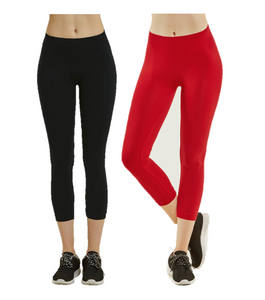 PACK OF 2 MOPAS Soft Stretch Nylon Blend Unlined Capri Length Leggings with Ribbed Elastic Waistband - Black & Red (EX004_2PK9)