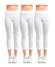 Load image into Gallery viewer, PACK OF 3 MOPAS Soft Stretch Nylon Blend Unlined Capri Length Leggings with Ribbed Elastic Waistband - ALL White (EX004_3PK4)