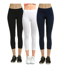 Load image into Gallery viewer, PACK OF 3 MOPAS Soft Stretch Nylon Blend Unlined Capri Length Leggings with Ribbed Elastic Waistband - Black, White, Navy (EX004_3PK6)
