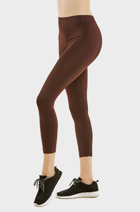 MOPAS Soft Stretch Nylon Blend Unlined Capri Length Leggings with Ribbed Elastic Waistband - Brown (EX004_BRW)
