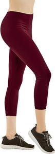 MOPAS Soft Stretch Nylon Blend Unlined Capri Length Leggings with Ribbed Elastic Waistband - Burgundy (EX004_BUR)