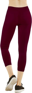 MOPAS Soft Stretch Nylon Blend Unlined Capri Length Leggings with Ribbed Elastic Waistband - Burgundy (EX004_BUR)
