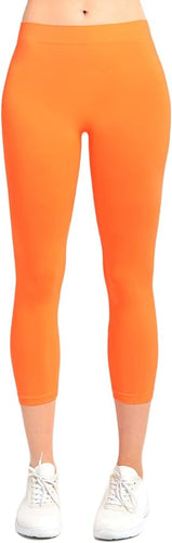 MOPAS Soft Stretch Nylon Blend Unlined Capri Length Leggings with Ribbed Elastic Waistband - Neon Orange (EX004_NOR)