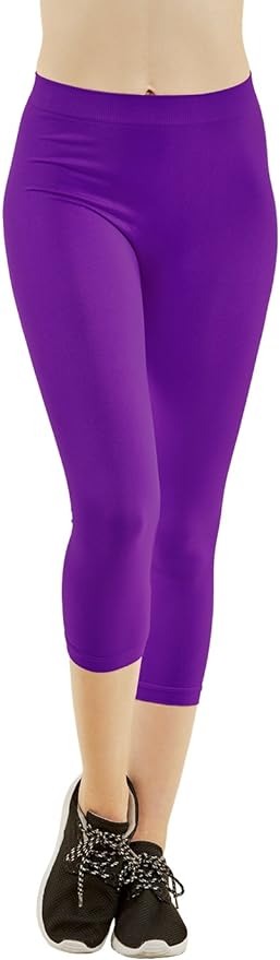 MOPAS Soft Stretch Nylon Blend Unlined Capri Length Leggings with Ribbed Elastic Waistband - Purple (EX004_PUR)