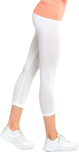 MOPAS Soft Stretch Nylon Blend Unlined Capri Length Leggings with Ribbed Elastic Waistband - White (EX004_WHT)