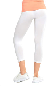 MOPAS Soft Stretch Nylon Blend Unlined Capri Length Leggings with Ribbed Elastic Waistband - White (EX004_WHT)
