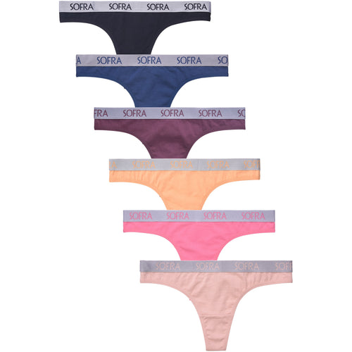 PACK OF 6 SOFRA WOMEN'S COTTON BLEND LOGO BAND SOLID THONG (LP1423CT4)