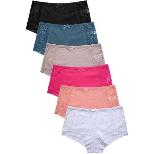 PACK OF 6 MAMIA WOMEN'S COTTON BLEND FLORAL SIDE LACE TRIM SOLID BOYSHORTS (LP1568CB)