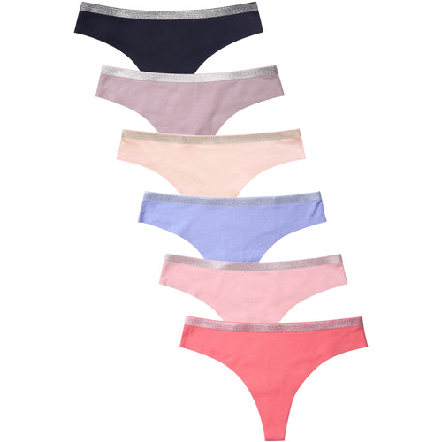 PACK OF 6 SOFRA WOMEN'S COTTON BLEND SILVER BAND SOLID THONG (LPN2303CT)