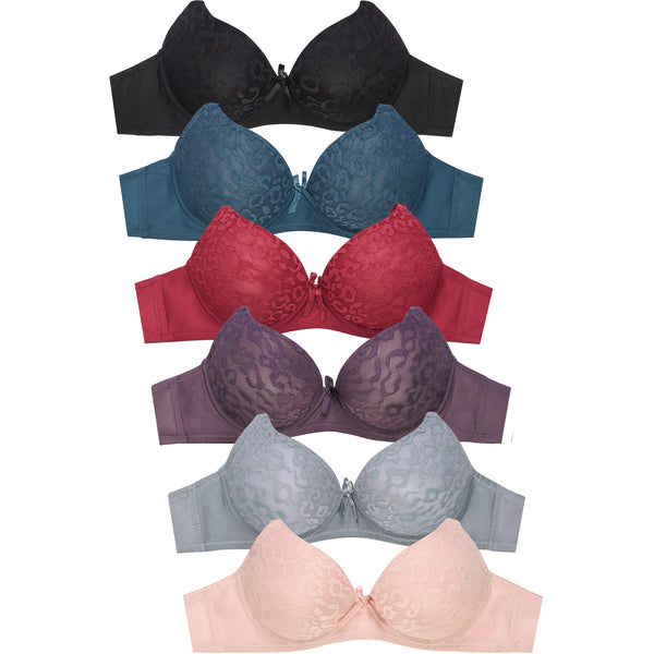 PACK OF 6 SOFRA WOMEN'S FULL CUP ALLOVER LACE BRA (BR4344L)