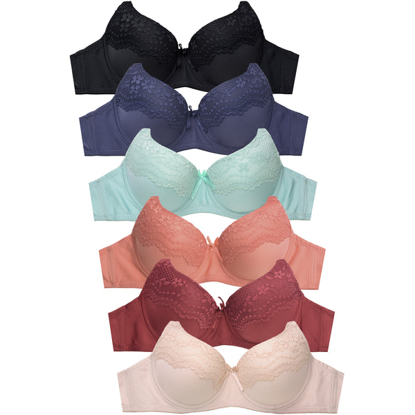 PACK OF 6 SOFRA WOMEN'S FULL CUP ALLOVER LACE BRA (BR4427PL)