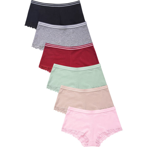 PACK OF 6 MAMIA WOMEN'S STRIPED BAND LACE TRIM SOLID BOYSHORTS (LP1662CB1)
