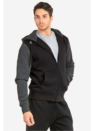 Men's Essentials Knocker Heavy Fabric Cotton Blend Full Zip Fleece Twon Tone Hoodie Jacket (HD2001_ BKC)
