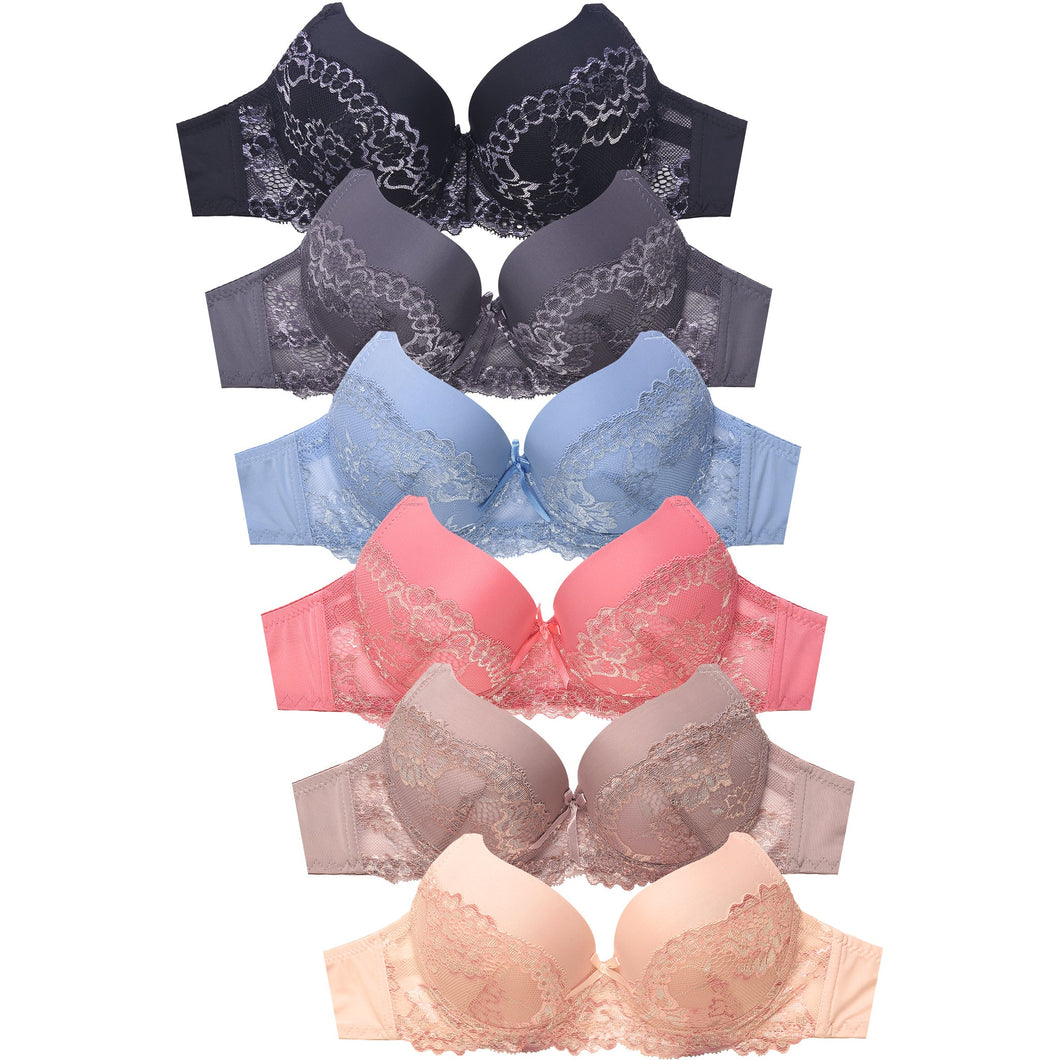PACK OF 6 SOFRA WOMEN'S FULL CUP LACE TRIM PUSH UP BRA (BR4339PLU)