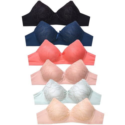 247 Frenzy Women's Essentials Mamia PACK OF 6 Demi Cup Lace Accent Push Up  Bras 