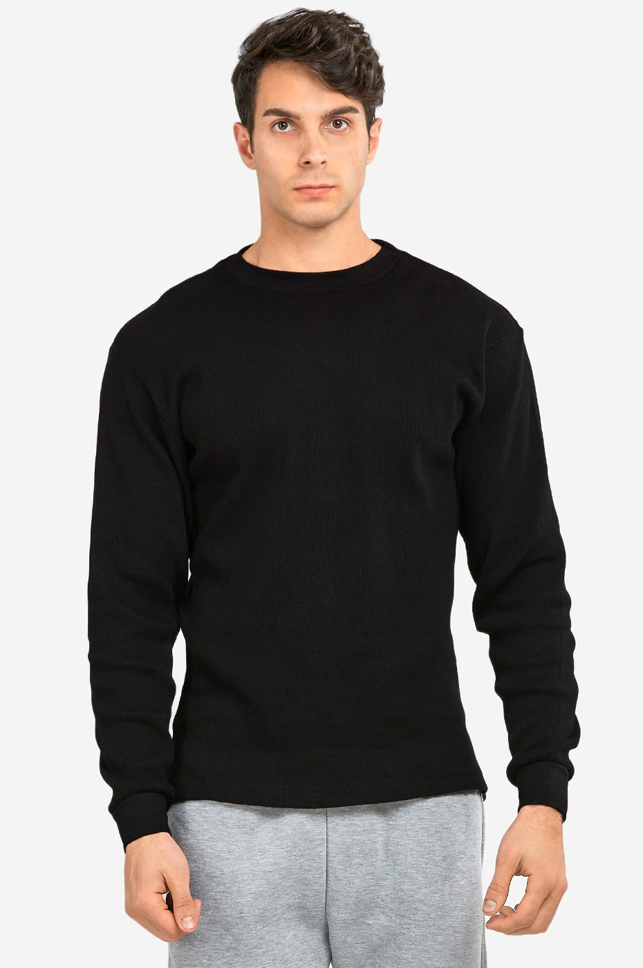 Men's Essentials Knocker Classic Breathable Cotton Waffle Knit Texture Thermal Top (KHT001_BLK)